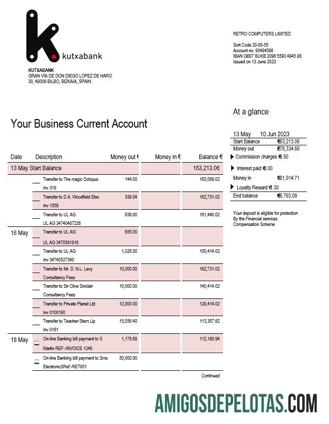 Modelo Word e PDF do extrato da conta da empresa Realista Kutxabank